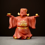 Kinesisk lyckogudsfigur i lila lera — Rödorange
