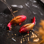 Tefiguriner med koi-karp i resin — Duo klarrött och kopparguld